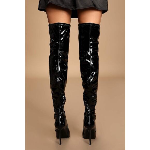 Steve Madden "Viktory" Pretty Woman Thigh Black Patent Stiletto Boots 8.5 NEW - Picture 2 of 5